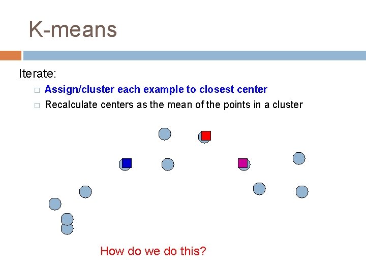 K-means Iterate: � � Assign/cluster each example to closest center Recalculate centers as the