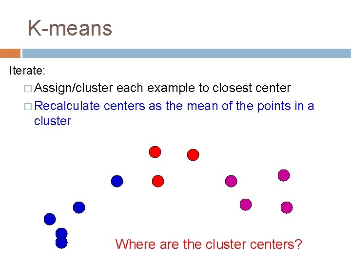 K-means Iterate: � Assign/cluster each example to closest center � Recalculate centers as the