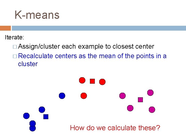 K-means Iterate: � Assign/cluster each example to closest center � Recalculate centers as the