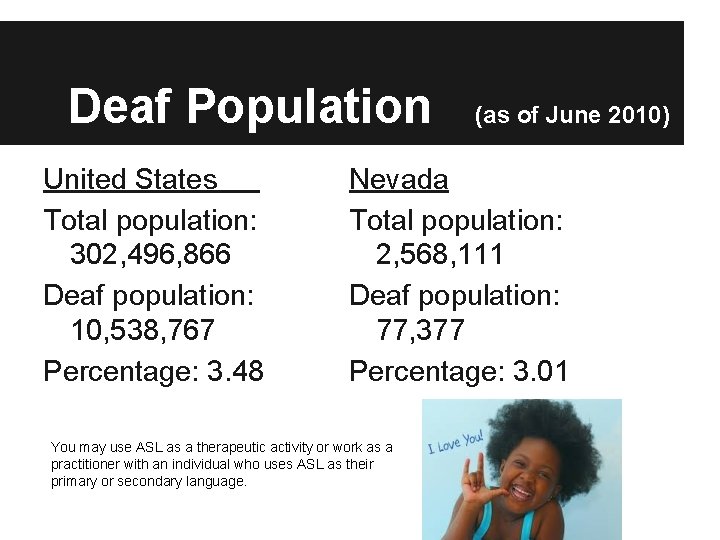 Deaf Population United States Total population: 302, 496, 866 Deaf population: 10, 538, 767