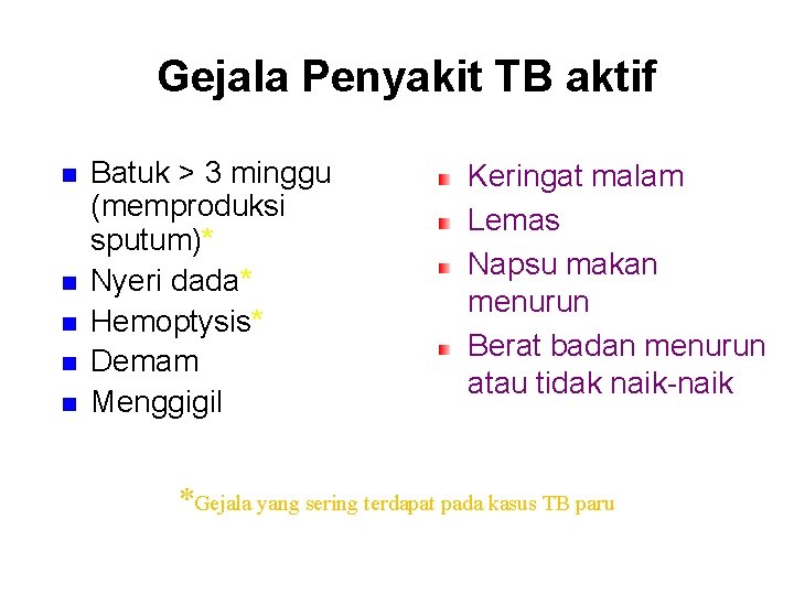 Gejala Penyakit TB aktif n n n Batuk > 3 minggu (memproduksi sputum)* Nyeri