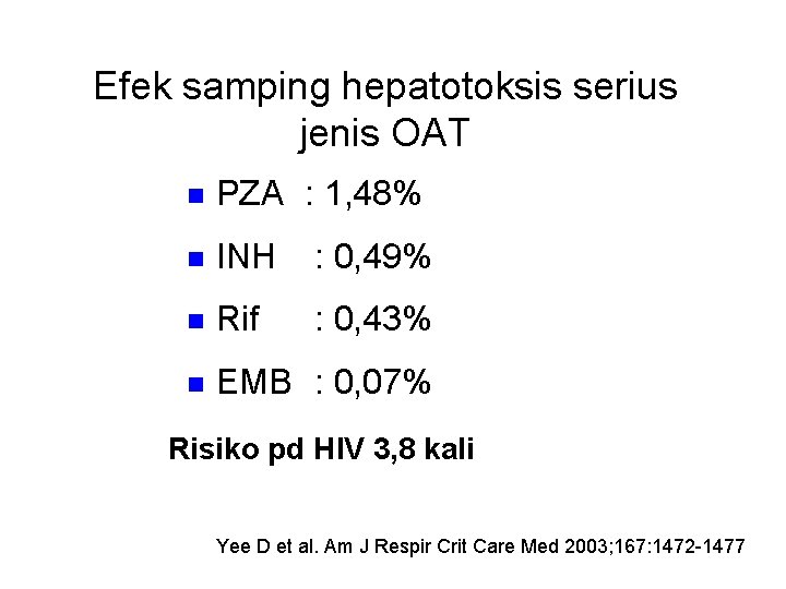 Efek samping hepatotoksis serius jenis OAT n PZA : 1, 48% n INH :