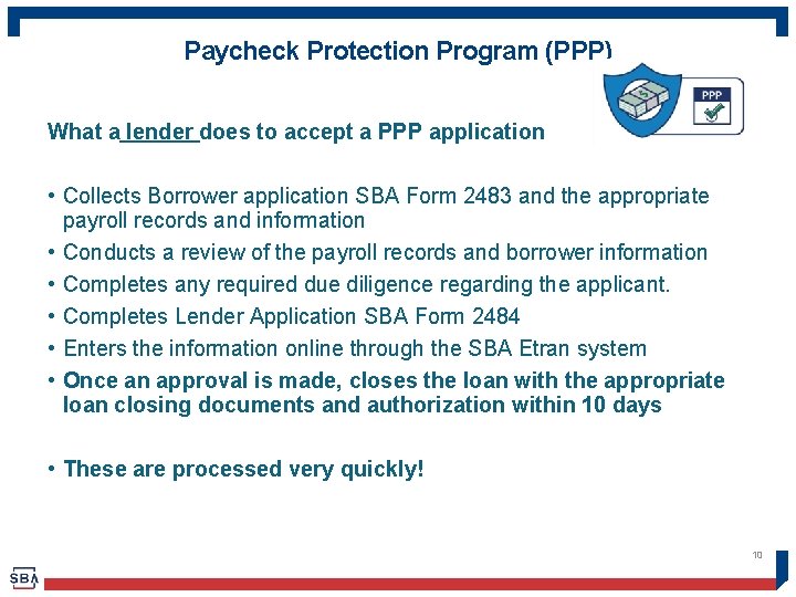 Paycheck Protection Program (PPP) What a lender does to accept a PPP application •