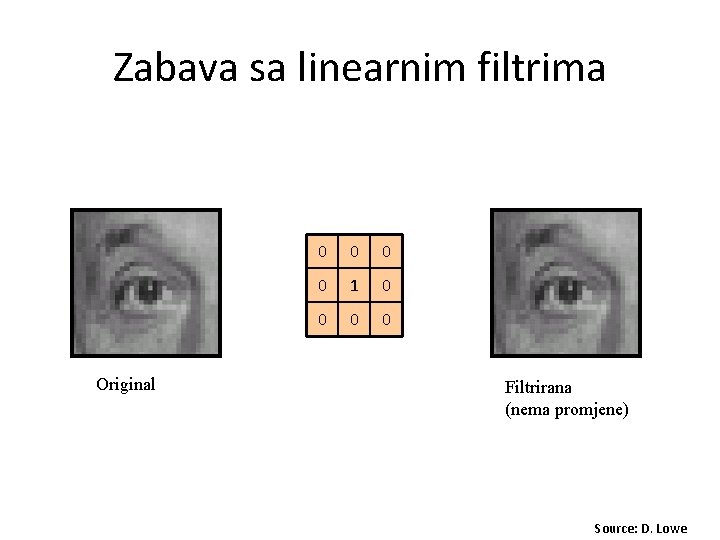 Zabava sa linearnim filtrima Original 0 0 1 0 0 Filtrirana (nema promjene) Source: