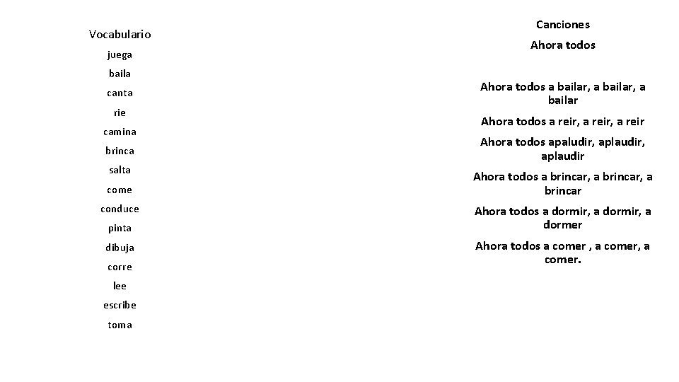 Vocabulario juega baila canta rie camina brinca salta come conduce pinta dibuja corre lee