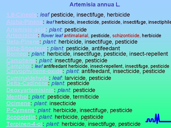 Artemisia annua L. 1, 8 -Cineole: leaf pesticide, insectifuge, herbicide Alpha-Pinene: leaf herbicide, insecticide,