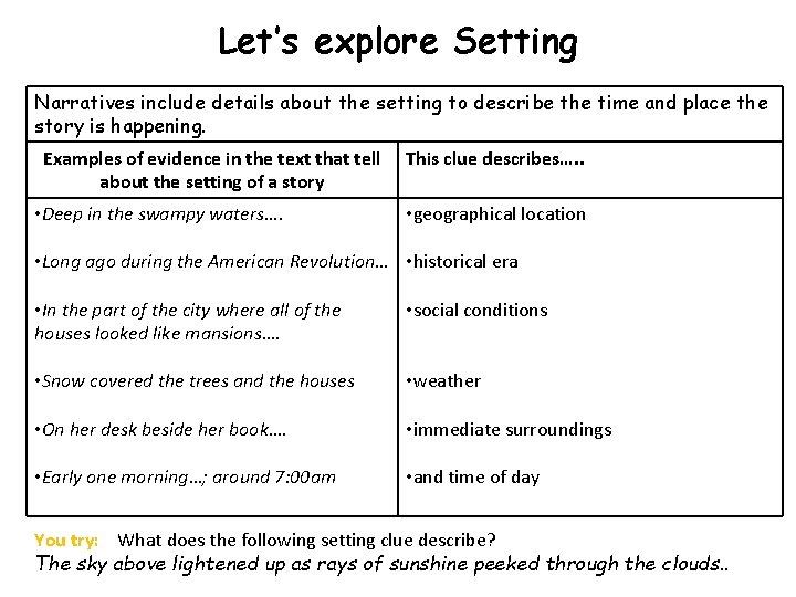 Let’s explore Setting Narratives include details about the setting to describe the time and