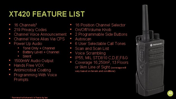 XT 420 FEATURE LIST • • • 16 Channels 1 219 Privacy Codes Channel