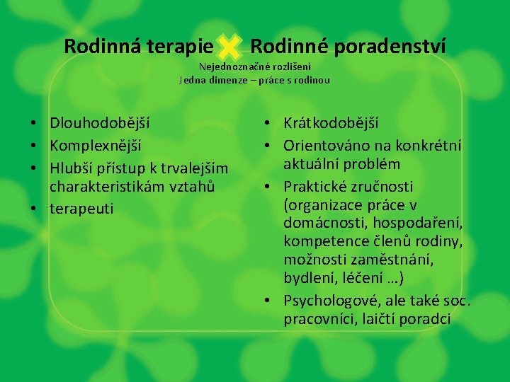 Rodinná terapie Rodinné poradenství Nejednoznačné rozlišení Jedna dimenze – práce s rodinou • Dlouhodobější