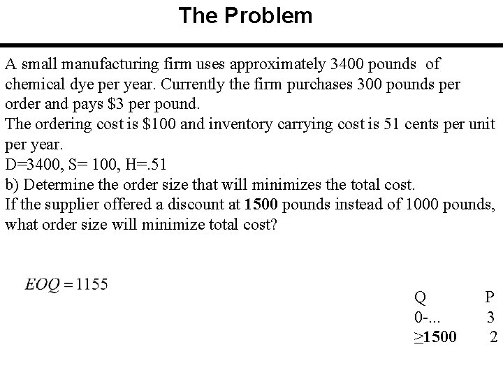 The Problem A small manufacturing firm uses approximately 3400 pounds of chemical dye per