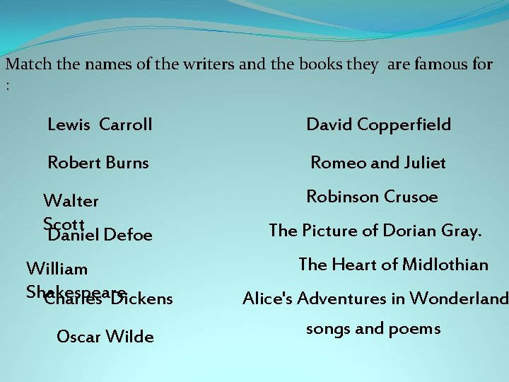 Match the names of the writers and the books they are famous for :