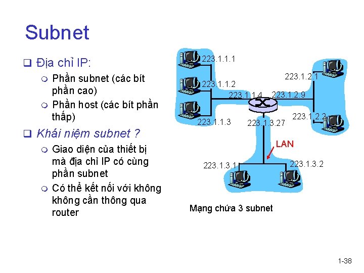 Subnet q Địa chỉ IP: m Phần subnet (các bít phần cao) m Phần