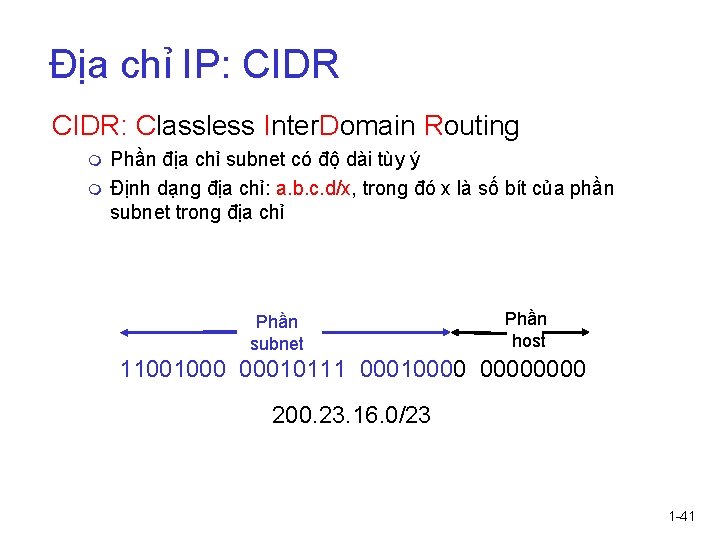 Địa chỉ IP: CIDR: Classless Inter. Domain Routing m m Phần địa chỉ subnet