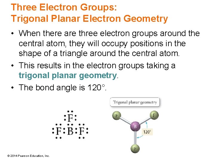Three Electron Groups: Trigonal Planar Electron Geometry • When there are three electron groups