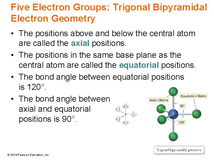 Five Electron Groups: Trigonal Bipyramidal Electron Geometry • The positions above and below the