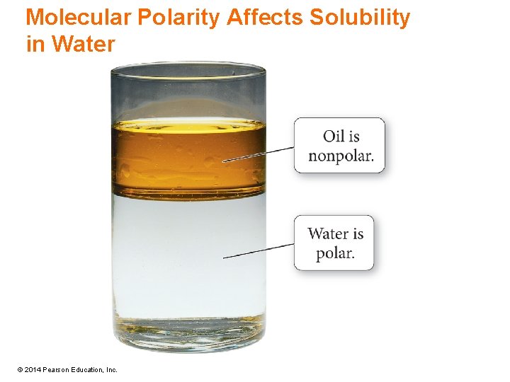 Molecular Polarity Affects Solubility in Water © 2014 Pearson Education, Inc. 