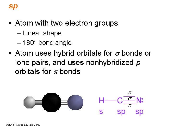 sp • Atom with two electron groups – Linear shape – 180° bond angle