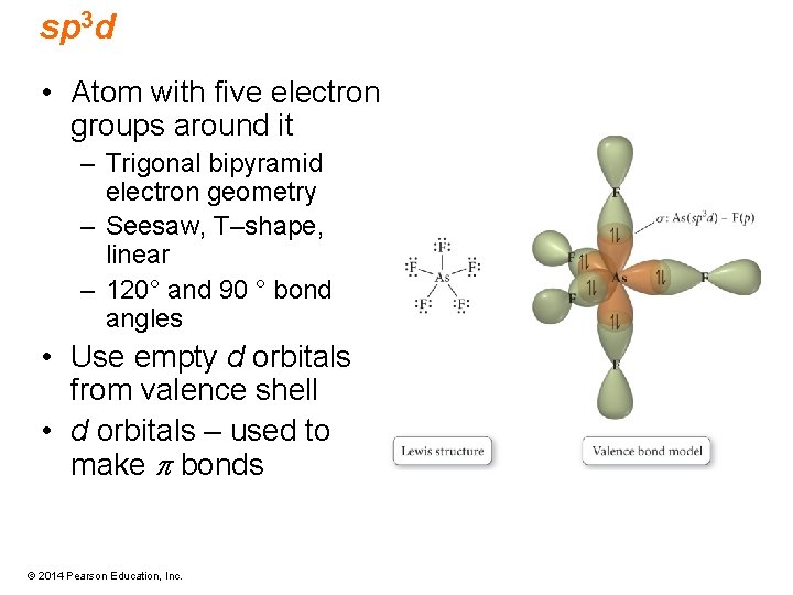 sp 3 d • Atom with five electron groups around it – Trigonal bipyramid