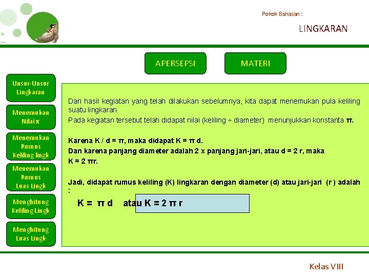 Pokok Bahasan : LINGKARAN APERSEPSI MATERI Unsur-Unsur Lingkaran Menemukan Nilai π Menemukan Rumus Kelilingk