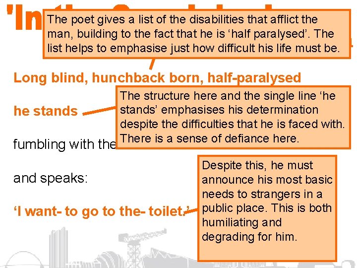 The poet gives a list of the disabilities that afflict the man, building to