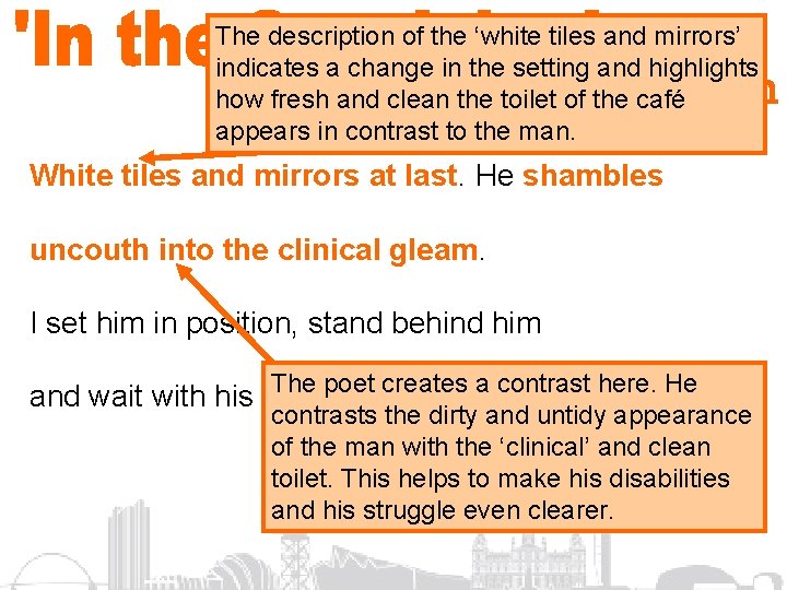 The description of the ‘white tiles and mirrors’ indicates a change in the setting