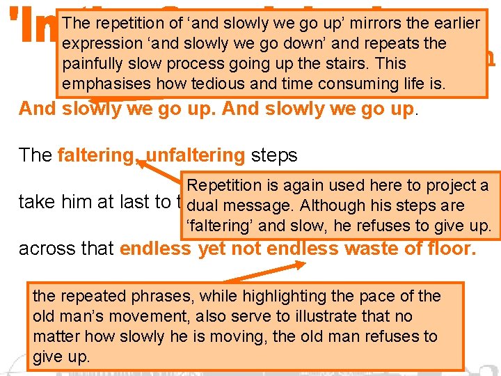 The repetition of ‘and slowly we go up’ mirrors the earlier expression ‘and slowly