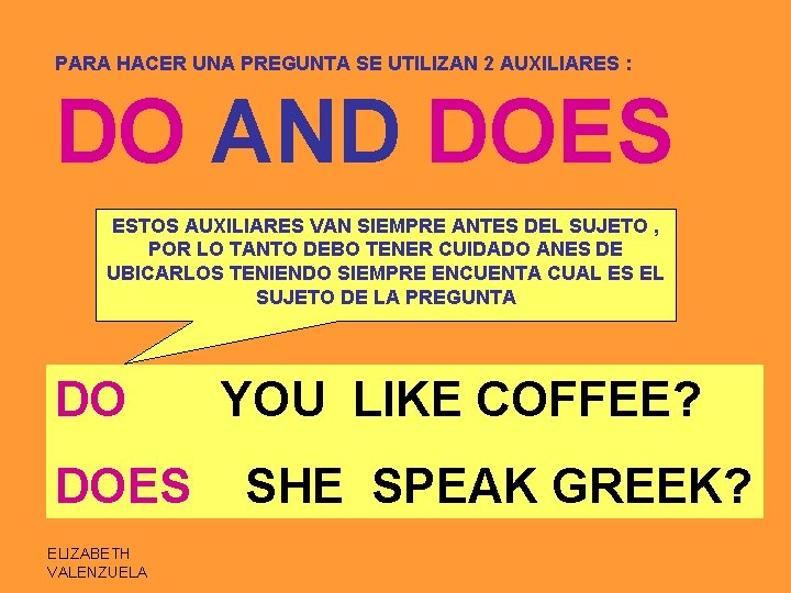 PARA HACER UNA PREGUNTA SE UTILIZAN 2 AUXILIARES : DO AND DOES ESTOS AUXILIARES