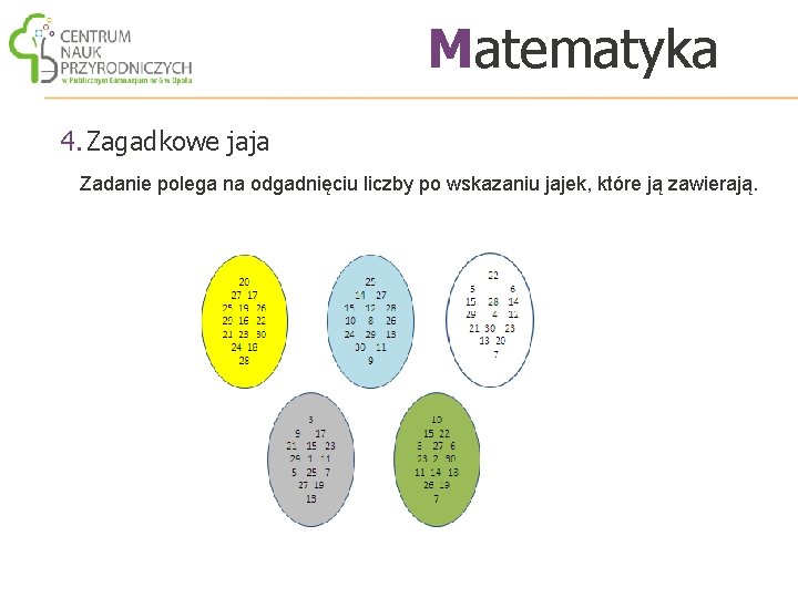 Matematyka 4. Zagadkowe jaja Zadanie polega na odgadnięciu liczby po wskazaniu jajek, które ją