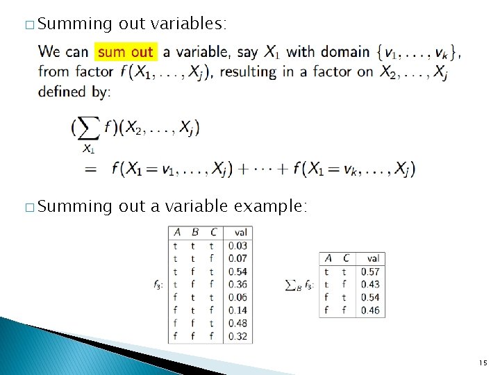 � Summing out variables: � Summing out a variable example: 15 