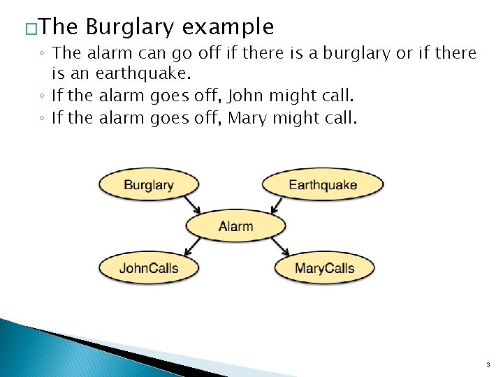 �The Burglary example ◦ The alarm can go off if there is a burglary