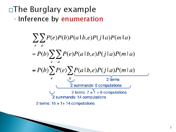 �The Burglary example ◦ Inference by enumeration 7 