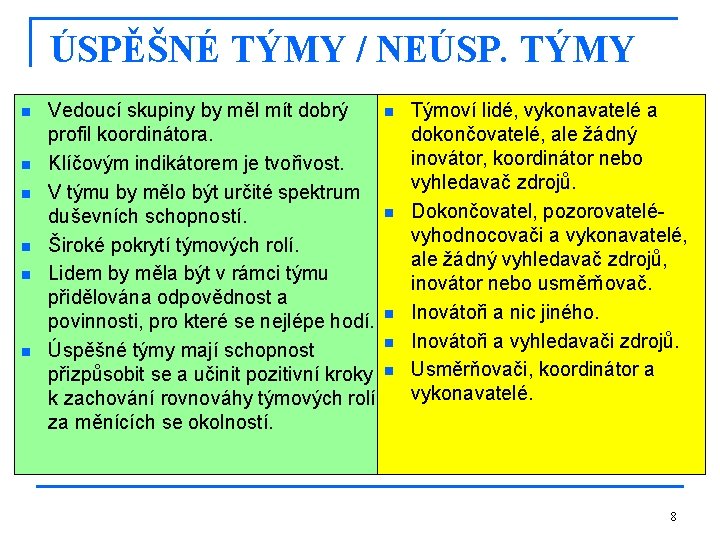 ÚSPĚŠNÉ TÝMY / NEÚSP. TÝMY n n n Vedoucí skupiny by měl mít dobrý