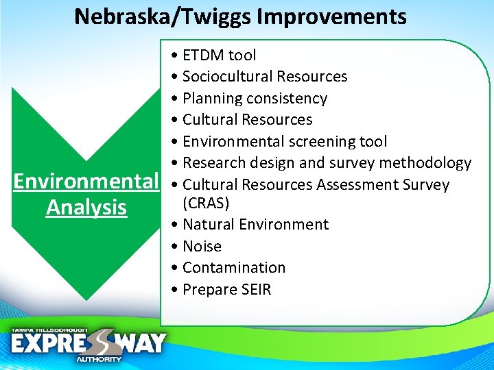 Nebraska/Twiggs Improvements Environmental Analysis • ETDM tool • Sociocultural Resources • Planning consistency •