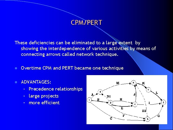 CPM/PERT These deficiencies can be eliminated to a large extent by showing the interdependence