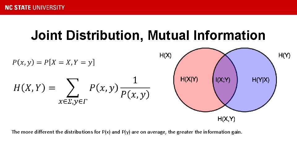 Joint Distribution, Mutual Information • The more different the distributions for P(x) and P(y)