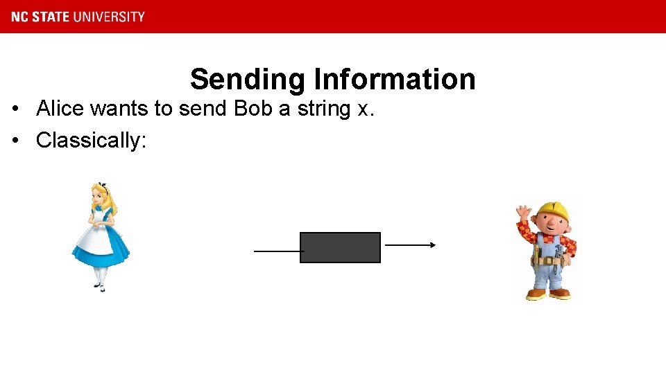 Sending Information • Alice wants to send Bob a string x. • Classically: 