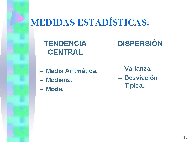 MEDIDAS ESTADÍSTICAS: TENDENCIA CENTRAL – Media Aritmética. – Mediana. – Moda. DISPERSIÓN – Varianza.