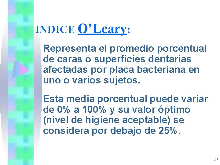 INDICE O’Leary: Representa el promedio porcentual de caras o superficies dentarias afectadas por placa