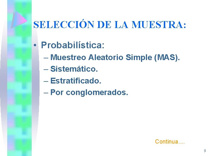 SELECCIÓN DE LA MUESTRA: • Probabilística: – Muestreo Aleatorio Simple (MAS). – Sistemático. –