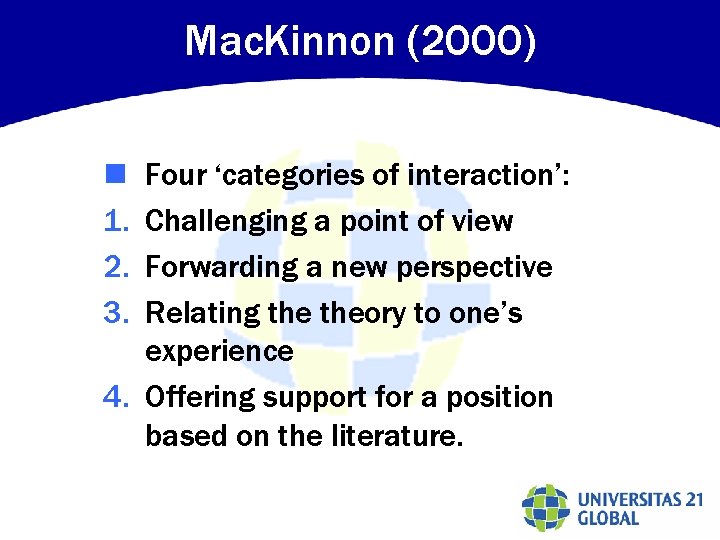 Mac. Kinnon (2000) Four ‘categories of interaction’: Challenging a point of view Forwarding a