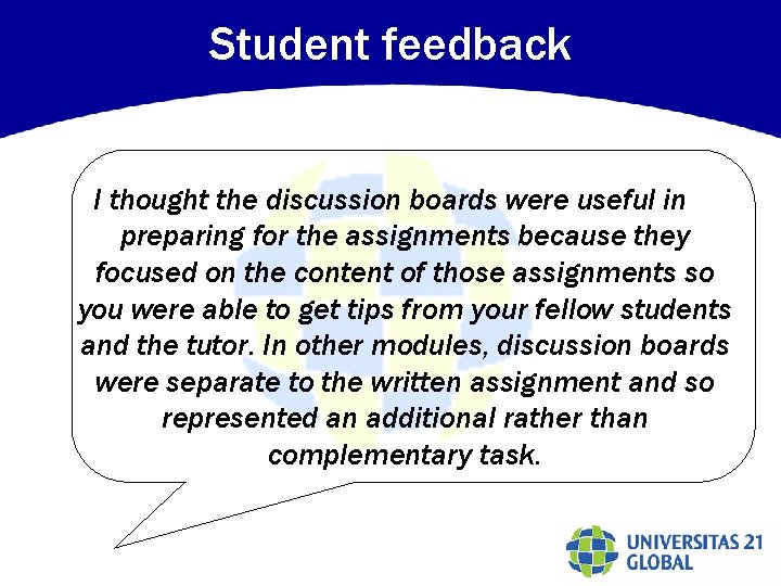 Student feedback I thought the discussion boards were useful in preparing for the assignments