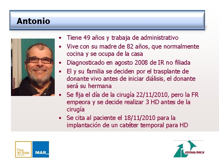 Antonio • Tiene 49 años y trabaja de administrativo • Vive con su madre