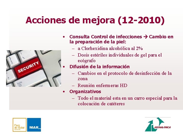 Acciones de mejora (12 -2010) • Consulta Control de infecciones Cambio en la preparación