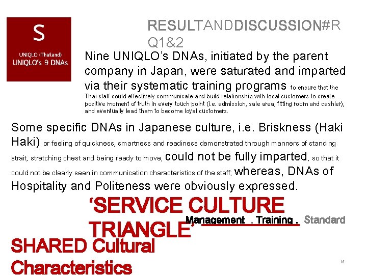 RESULTANDDISCUSSION#R Q 1&2 Nine UNIQLO’s DNAs, initiated by the parent company in Japan, were