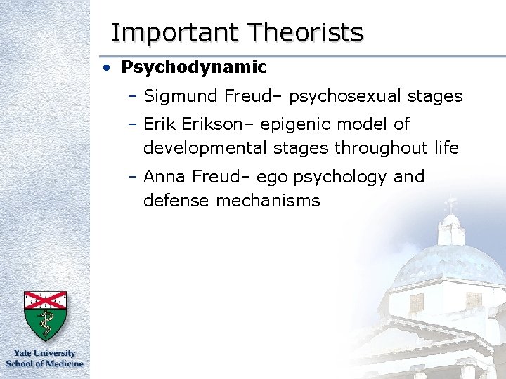 Important Theorists • Psychodynamic – Sigmund Freud– psychosexual stages – Erikson– epigenic model of