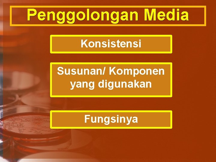 Penggolongan Media Konsistensi Susunan/ Komponen yang digunakan Fungsinya 