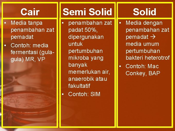 Cair • Media tanpa penambahan zat pemadat • Contoh: media fermentasi (gula) MR, VP