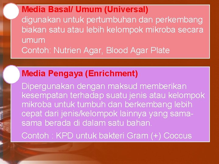 Media Basal/ Umum (Universal) digunakan untuk pertumbuhan dan perkembang biakan satu atau lebih kelompok