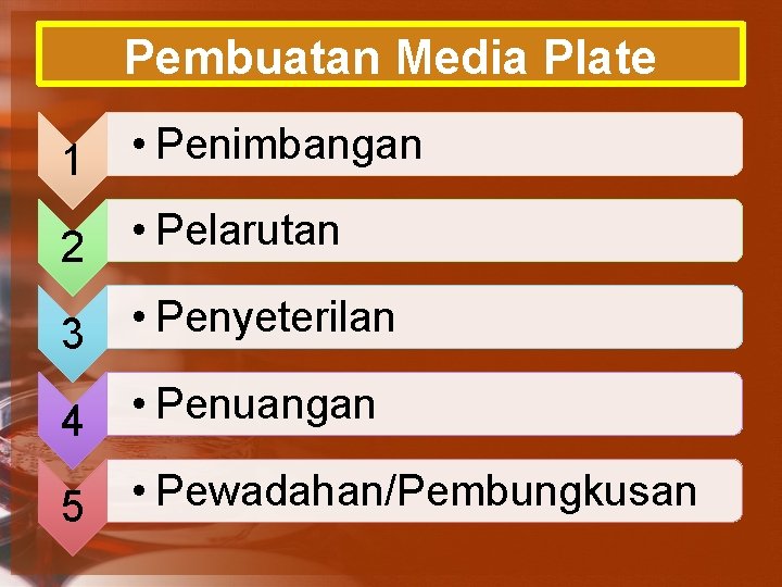 Pembuatan Media Plate 1 • Penimbangan 2 • Pelarutan 3 • Penyeterilan 4 •