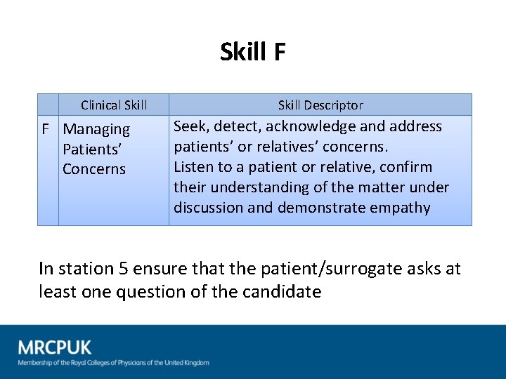 Skill F Clinical Skill F Managing Patients’ Concerns Skill Descriptor Seek, detect, acknowledge and